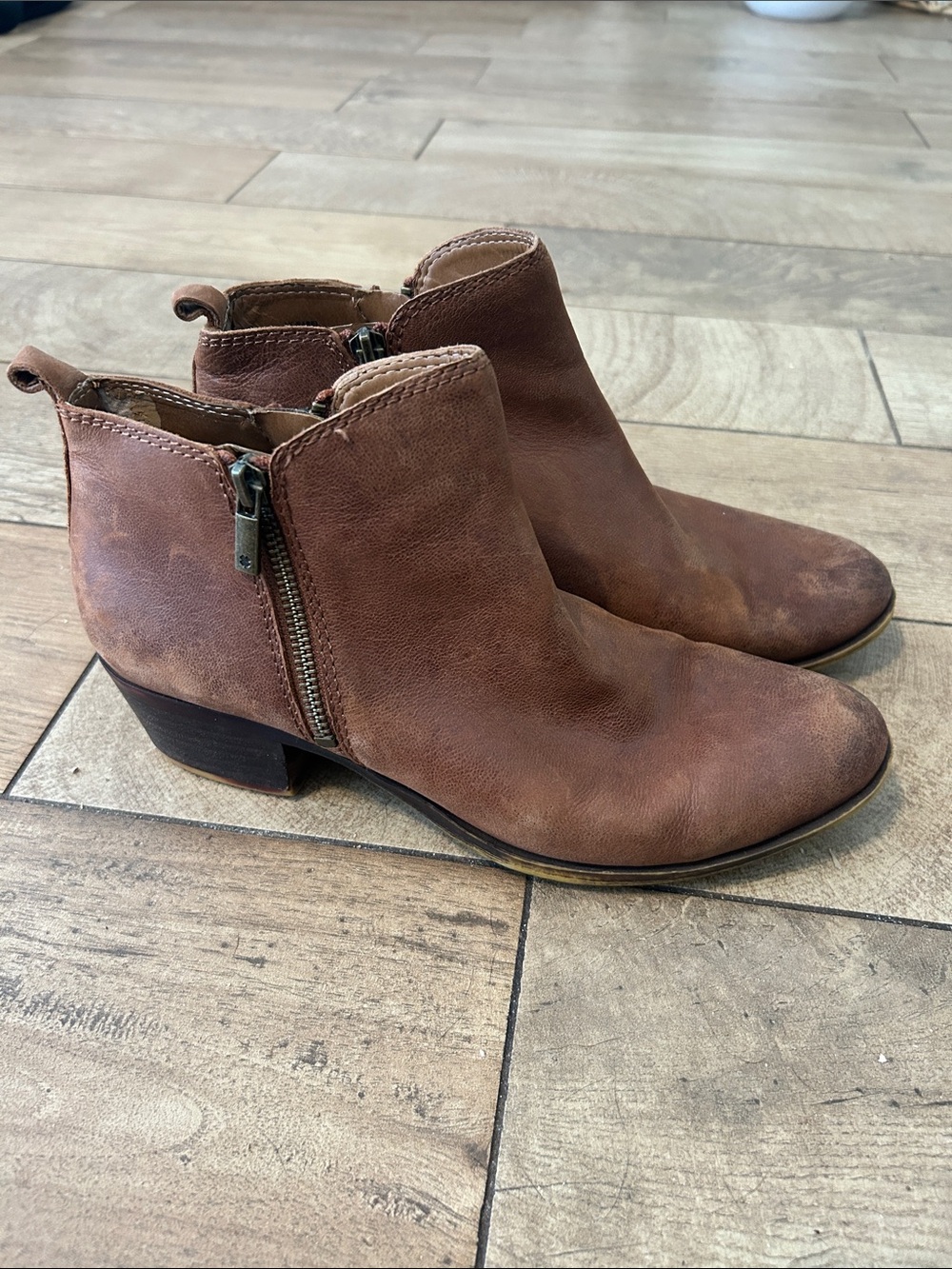 TOMS Brown Leather Ankle Booties Womenβs Size 8.5 Side Zip